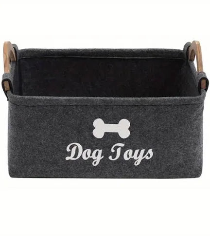 Dog Toy Storage Box Dark Grey Felt Material with wooden handles (toys not included)
