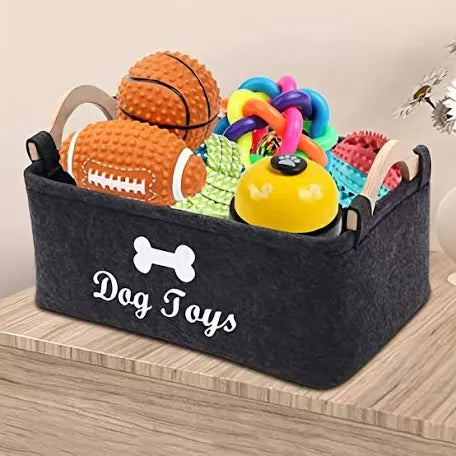 Dog Toy Storage Box Dark Grey Felt Material with wooden handles (toys not included)
